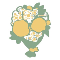 Flat hand-drawn illustration of a colorful spring flower bouquet in green and yellow tones isolated on white
