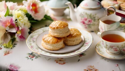 elegant afternoon tea scones cream floral table and teacups