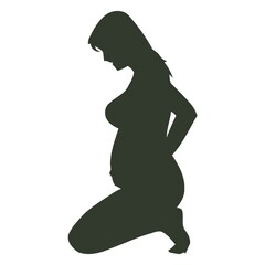 Black silhouette of a pregnant woman kneeling and holding her belly in a serene profile view