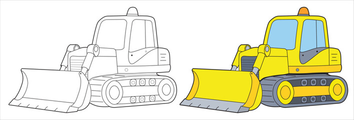 Cute Bulldozer Construction Vehicle Illustration for Kids Coloring Page © HAPPY KIDS