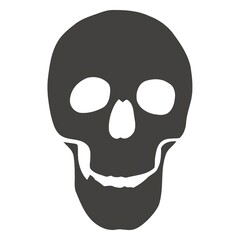 Dark grey silhouette of a human skull, anatomical head bone symbol for halloween or gothic design isolated on white background.