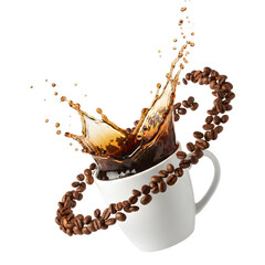 Coffee Splash in White Cup with Roasted Coffee Beans on Transparent Background