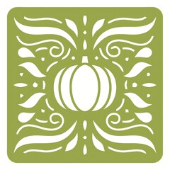 Decorative Green Square Icon with Central Pumpkin and Elegant White Floral Swirls for Autumn Harvest