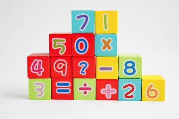 Number wood block cubes for learning Mathematic, education math.