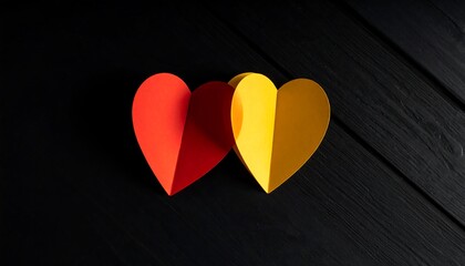 Two Paper Hearts, One Red, One Yellow, Against a Dark Background.