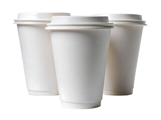 Three white disposable paper cups arranged in a dynamic composition isolated on white background, PNG. AI Generated