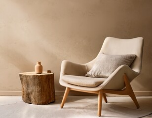 fabric lounge chair and wood stump side table against beige stucco wall with copy space rustic minimalist home interior design of modern living room