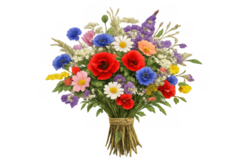 Wildflower bouquet showing vibrant poppies, cornflowers, daisies, and other blossoms, celebrating summer nature and rustic beauty on a transparent background