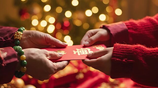 Hands exchanging red envelopes during festive Chinese New Year celebration, showcasing the act of giving and receiving traditional gifts with vibrant decorations in the background