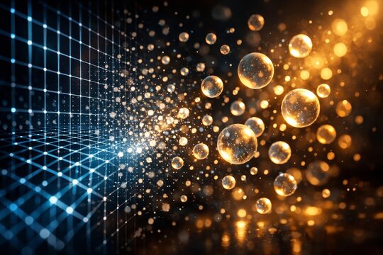 Digital grid plane dissolving into glowing bokeh bubbles and floating particles, quantum data fusion concept.   