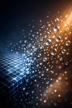 Digital grid plane dissolving into glowing bokeh bubbles and floating particles, quantum data fusion concept.   
