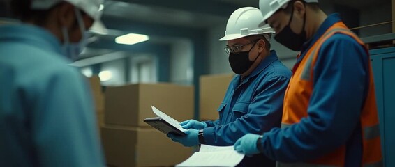 Industrial workers in safety gear review documents in a warehouse setting; the camera gently pans to reveal stacks of boxes, capturing a realistic, organized logistics operation. - Powered by Adobe