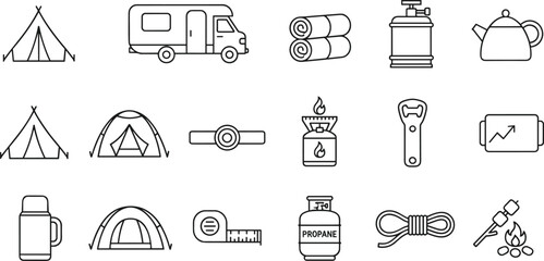 Camping gear icon set featuring camper van tents stove propane tank thermos and outdoor equipment in linear style. © Mst