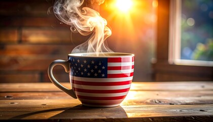 Steaming Coffee Cup with American Flag Design on Wooden Table in Morning Sunlight.