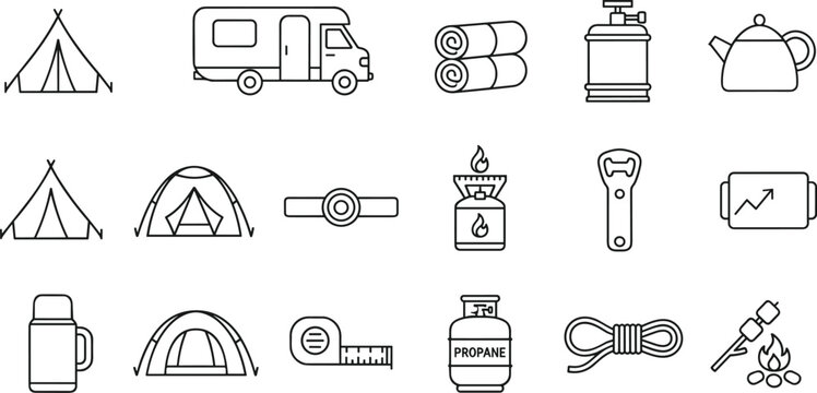 Camping gear icon set featuring camper van tents stove propane tank thermos and outdoor equipment in linear style.