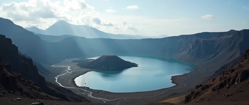 Majestic aerial view of a serene volcanic crater lake, with gentle ripples across the water, as the camera smoothly pans, capturing a breathtaking, cinematic landscape with soft, ambient lighting.