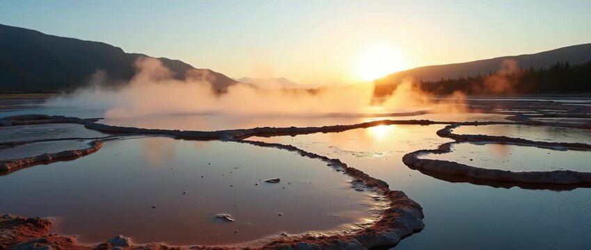 Sunrise over steaming geothermal pools with gentle mist rising, while the camera slowly pans across the serene landscape, capturing the tranquil beauty in cinematic style.