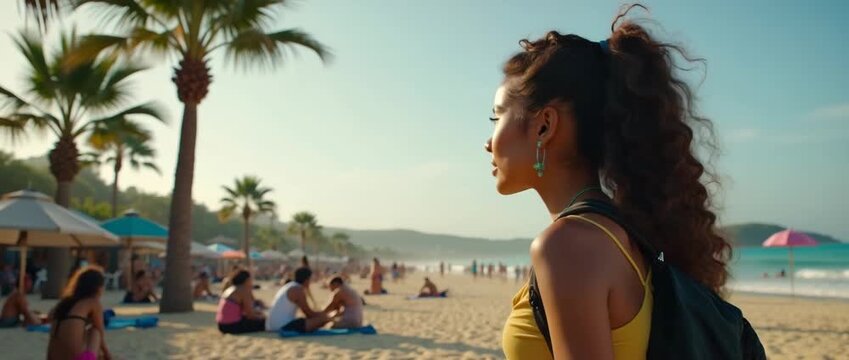 Young woman strolls along a sunlit beach with gentle waves in the background, captured in a cinematic style with a slow panning shot, evoking a serene coastal travel experience.