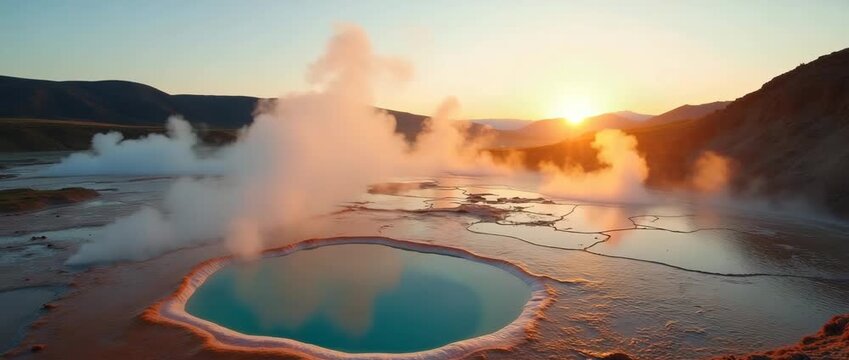 Steam rises gently from a geothermal hot spring at sunrise, with a cinematic slow pan capturing the serene landscape and reflecting golden hues, ideal for travel and nature documentaries.