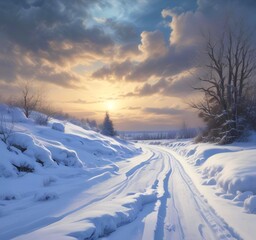 Obraz premium Abandoned frozen road after heavy snowfall, snowbanks on both sides, dramatic winter clouds