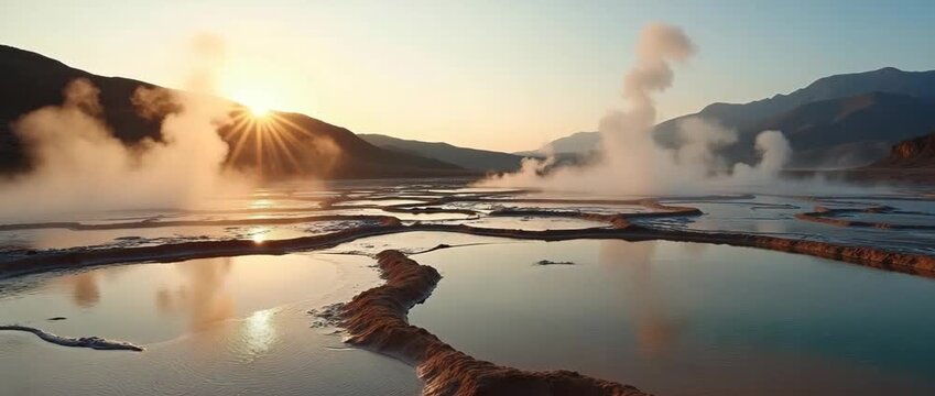 Sweeping landscape of geothermal springs and fumaroles venting steam across multicolored mineral terraces in volcanic valley under clear dawn sky in  Photo Stock  Concept  and empty space on the left 