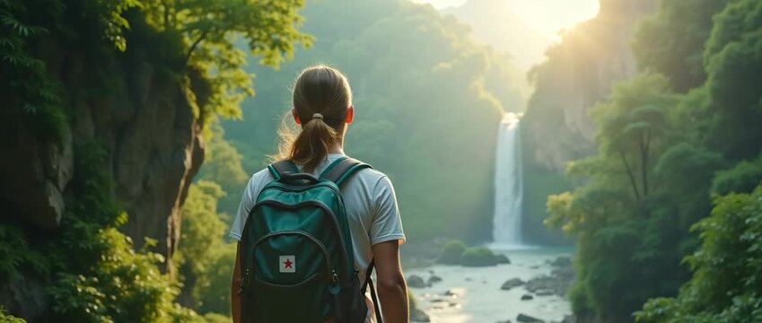 Adventurer with backpack gazes at distant waterfall as camera gently pans through lush, serene forest; sunlight filters through trees, creating a cinematic, tranquil scene.