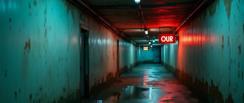 Eerie corridor with flickering neon lights reflects in puddles as the camera slowly pans, capturing the ominous atmosphere; cinematic, moody, and evocative scene.