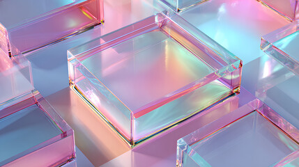 Pastel light 3d background with glass holographic transparent square plate shapes render. Abstract geometric block pattern with rainbow color gradient. Futuristic digital tech banner