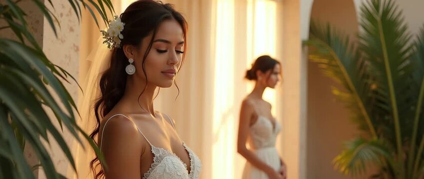 Elegant brides in lace gowns gently sway in a sunlit garden, as the camera slowly pans across lush tropical foliage, creating a serene, cinematic wedding atmosphere.