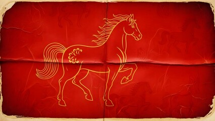 Stylized illustration of a horse in gold on a red textured background