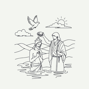 Illustration of baptism of Jesus with John the Baptist in water, dove above symbolizing Holy Spirit, serene nature backdrop of hills and sun.