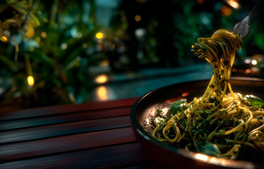 Creative food Concept. Spaghetti Pasta with green pesto Basil twirled lifted on fork, glister from the shiny noodle with bokeh lights leaves, long wooden table by the pool side, copy text space