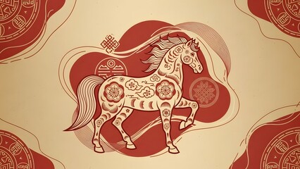 Stylized illustration of a horse with ornamental design on beige background