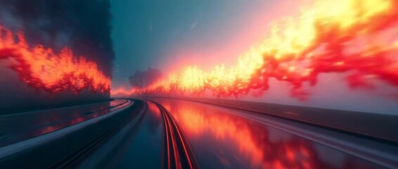 Dynamic forward motion on a futuristic highway as vibrant light trails streak across the scene, captured with a steady tracking shot in a cinematic, surreal atmosphere.