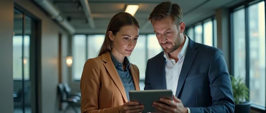 Business professionals collaboratively reviewing digital content on a tablet, with the camera panning slowly in a modern office setting, ambient lights flickering gently, cinematic style.
