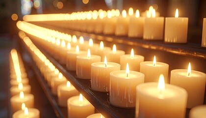 Numerous Lit Votive Candles Displayed in Rows Inside Dark Church with Soft Warm Light and Bokeh Effect Background