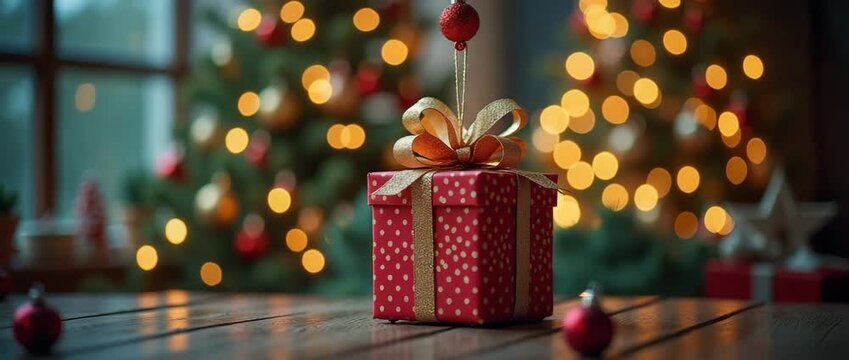 Festive gift box sparkles under twinkling Christmas tree lights, while the camera gently pans across the cozy, decorated room in a cinematic holiday scene.