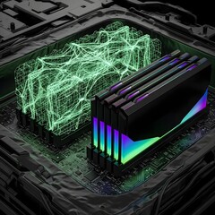 computer ram modules, with one showcasing a vivid green glowing wireframe of data flow, against a dark metallic circuit background
