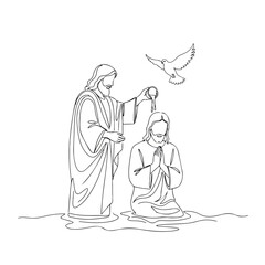 Line art shows baptism of Jesus, John Baptist, symbolic dove. Pivotal New Testament scene, Christ's baptism. Ideal for religious studies, spiritual education, contemplation, baptism of Jesus.