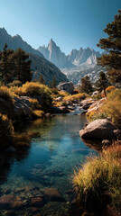 Small River Stream Flowing Toward Mount Whitney Peaks in California, Alpine Wilderness Landscape with Clear Water and Granite Mountains, Sierra Nevada Travel and Nature Scenery