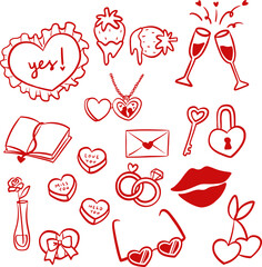 Hand Drawn Romantic Love Icons Set &ndash; Valentine Hearts, Rings, Chocolates and Wedding Doodles