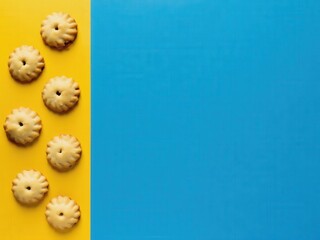 Hamantaschen pastries arranged on a vibrant yellow background. Traditional Jewish cookies symbolize Purim celebrations and family traditions.