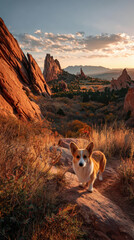 Corgi Dog Sitting on Mountain Hiking Trail in Roxborough State Park Colorado at Sunset, Adventure Pet Travel in Rocky Mountain Landscape, Dramatic Golden Hour Nature Scenery