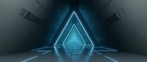 An abstract depiction of a dark sci-fi triangle tunnel with neon lights, highlighting geometric forms and offering dramatic perspectives, ideal for visual storytelling. - Powered by Adobe