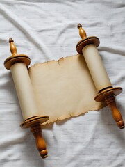 A traditional wooden Torah scroll with empty parchment, symbolizing the reading of the Megillah during Purim, a Jewish holiday celebrating Esther's story.