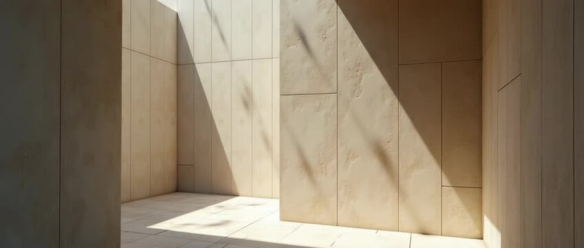 Sunlight streams through minimalist architectural corridors as the camera gently pans, creating dynamic shadows and serene ambiance in this cinematic exploration of modern design.
