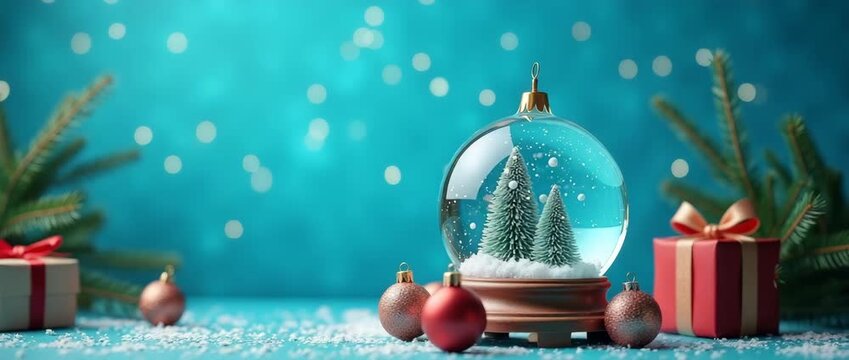 Experience a festive blue background adorned with Christmas ornaments, an empty glass snow globe, and wrapped gift boxes, offering flexible copy space for modern holiday banner templates.