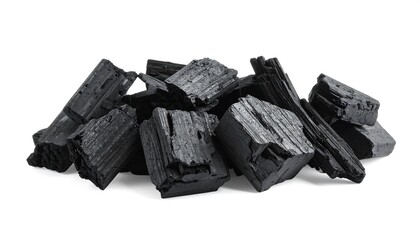 Pile of Natural Charcoal Pieces on White Background.