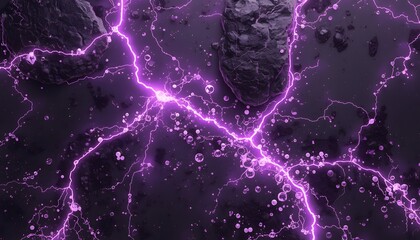 Violent purple electrical discharge background with bright lightning crackling through dark rocky environment creating bubbles and plasma effect