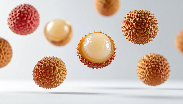 Floating Lychee Fruits in Various Peeled Stages with Minimalist Shadows